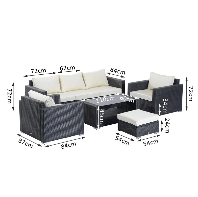 Outsunny 7 pc Rattan Sofa Set W/ Cushions-Black/Beige