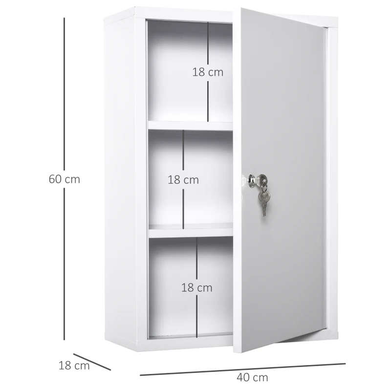 kleankin Medicijnkastje met Slot 3 Schappen Staal Wit 40 x 18 x 60 cm(m-3)