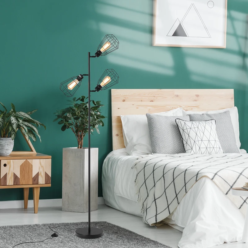 HOMCOM Retro Practical Tree Floor Lamp 3 Angle Adjustable Lampshade Steel Base, 165cm, for Living Room Bedroom Office, Black