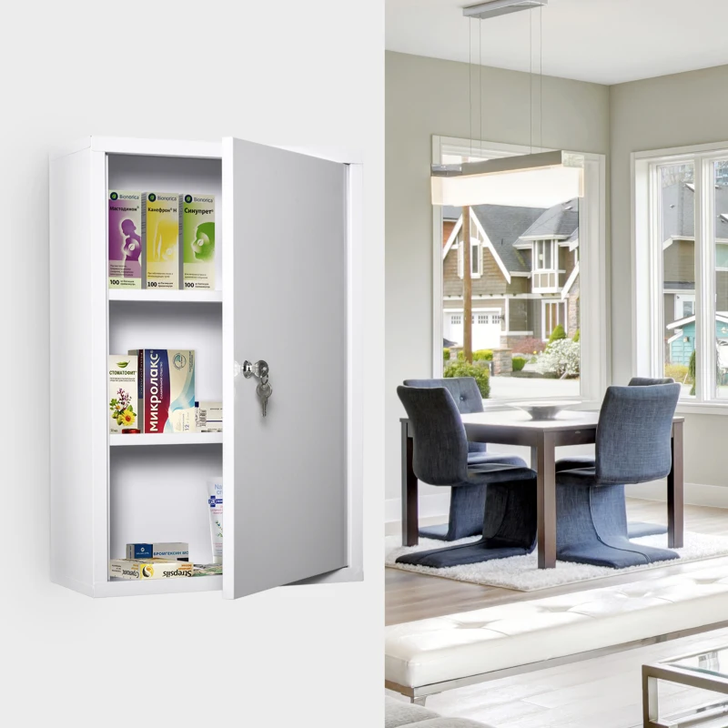 kleankin Medicijnkastje met Slot 3 Schappen Staal Wit 40 x 18 x 60 cm(m-2)