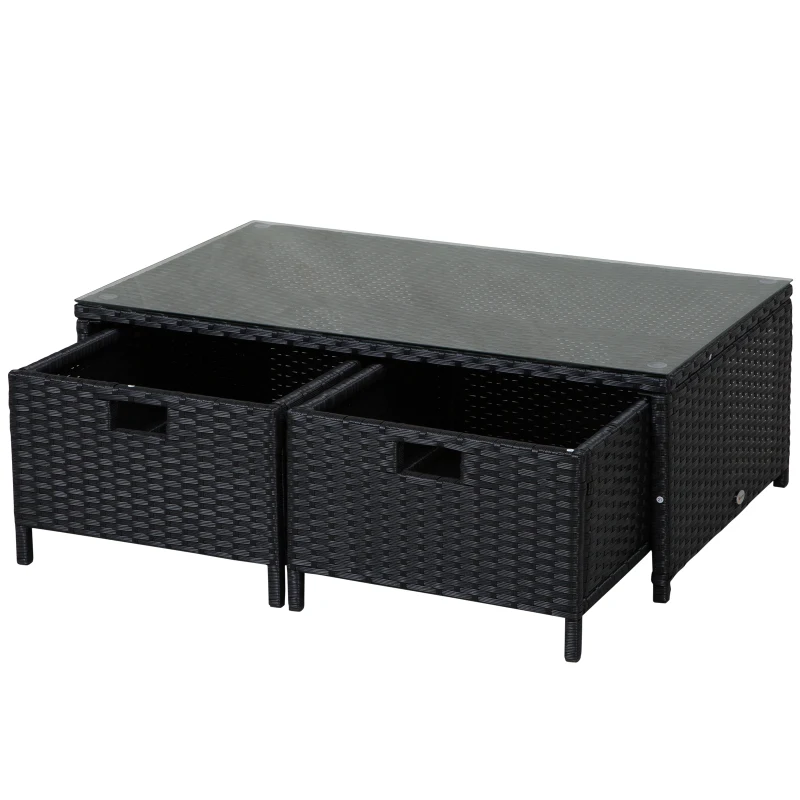 Outsunny 4 pcs Rattan Furniture Sofa Storage Table Set w/ 2 Drawers Corner Table Black