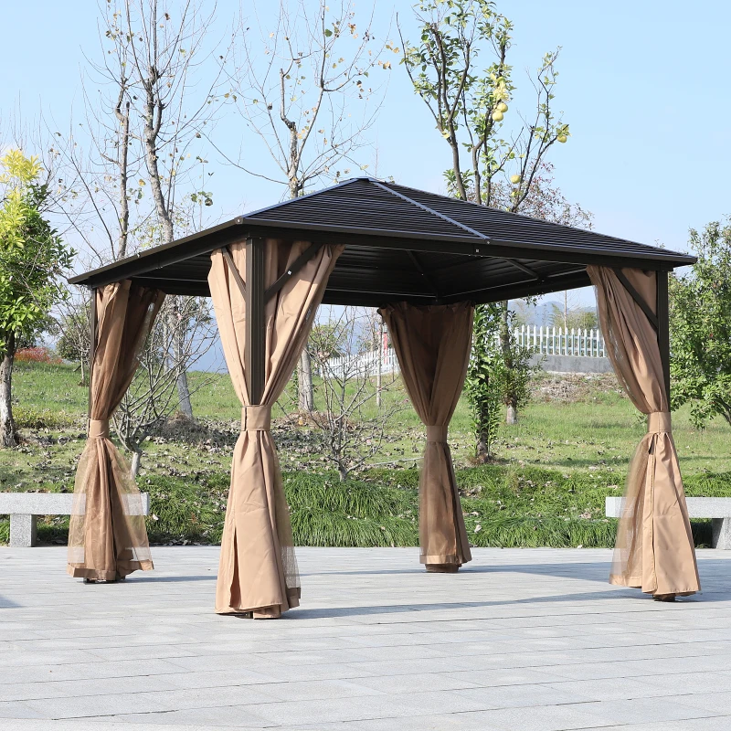 Outsunny Steel Hardtop Gazebo Patio Tent Outdoor Sun Shelter Aluminum w/ Curtain