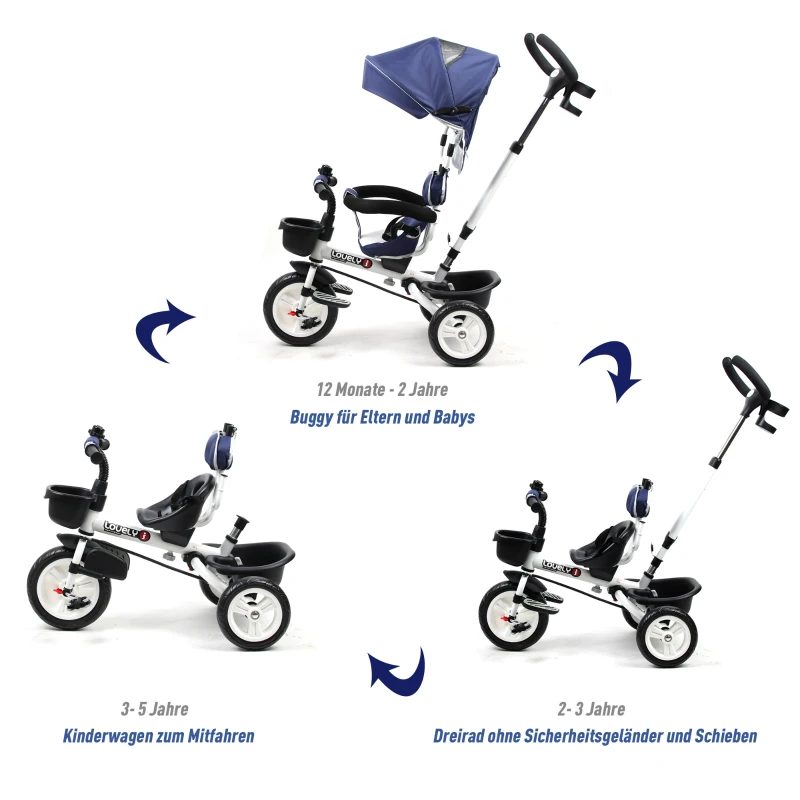 HOMCOM 4-in-1 kinderdriewieler kinderfiets driewieler buggy aluminium metaal blauw