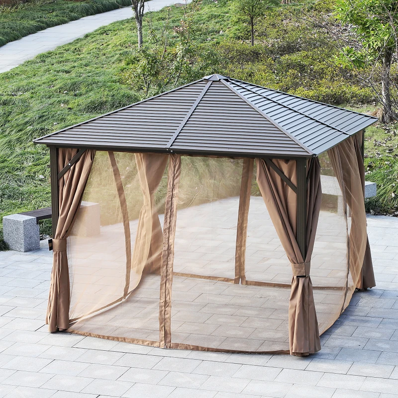 Outsunny Steel Hardtop Gazebo Patio Tent Outdoor Sun Shelter Aluminum w/ Curtain