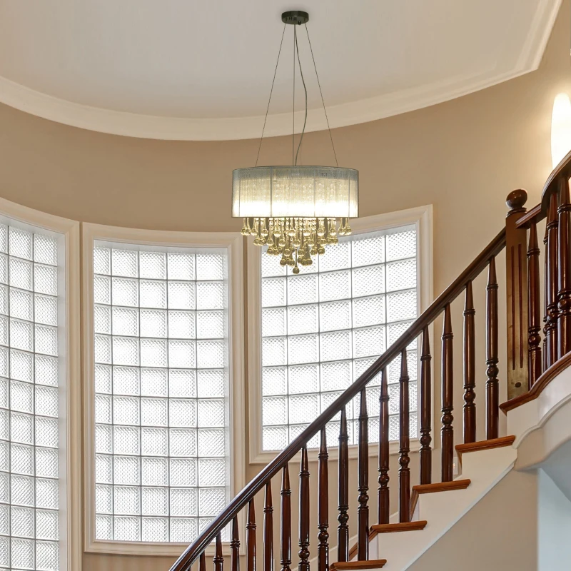 HOMCOM Crystal Glass Droplet Ceiling Pendant w/ Drum Shade Silver