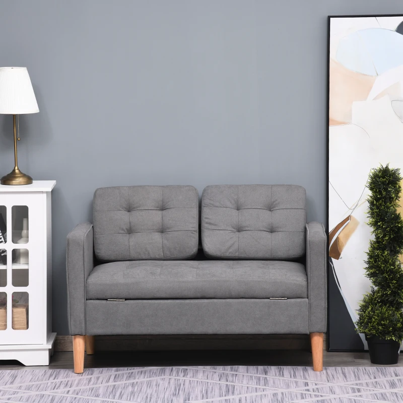 HOMCOM Modern Loveseat Sofa Button-Tufted Fabric Couch with Storage Chest Wood Legs