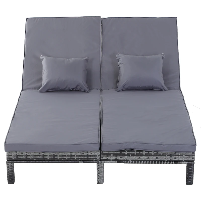 Outsunny 2 Person Rattan Lounger Adjustable Double Chaise Chair Loveseat w/ Cushion Grey
