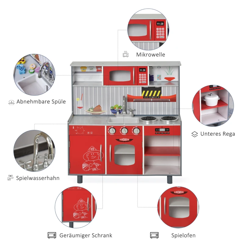 Kinderkeuken en kinderbrandweerkazerne 2-in-1 speelkeuken met accessoires 3+ grenen MDF