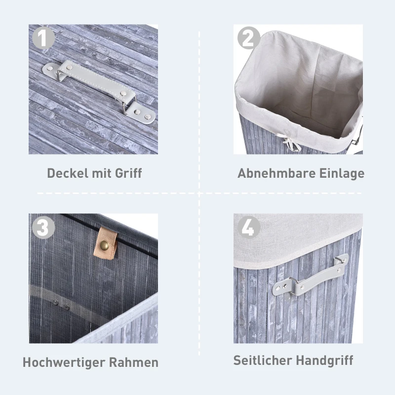 HOMCOM Wasmand waskist wasbox wasbak hoekig bamboe 72 l grijs