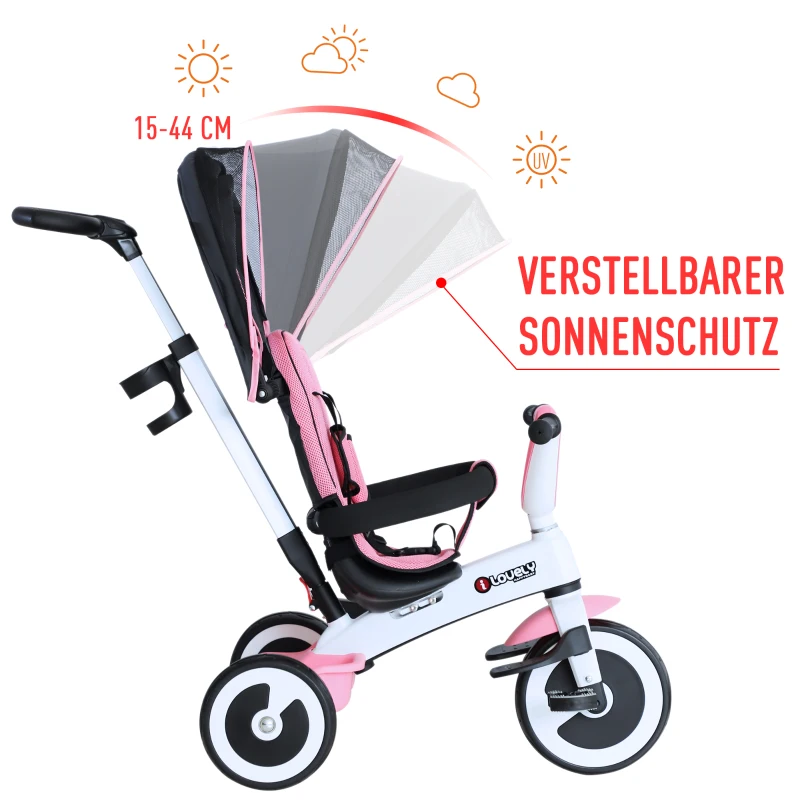 HOMCOM 4-in-1 kinderdriewieler duwstang voor kinderdriewieler met dakje