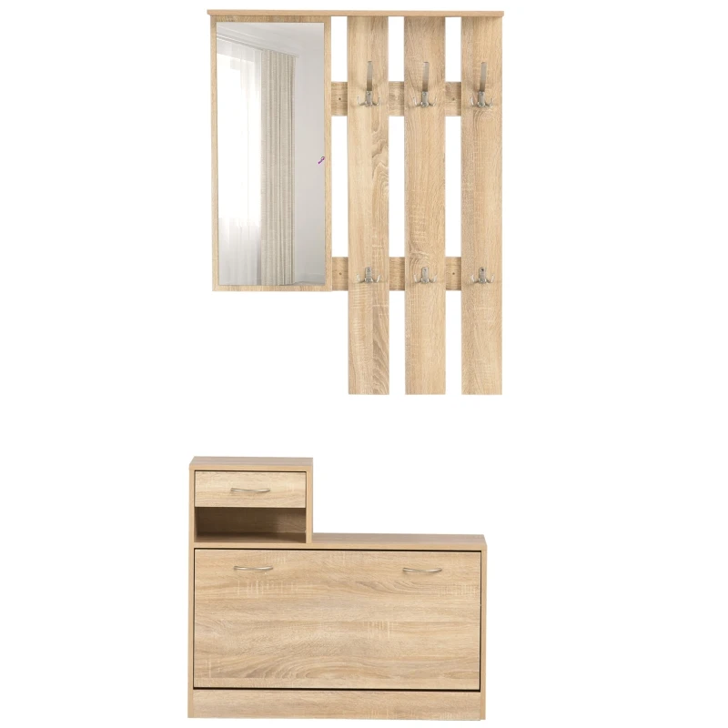 HOMCOM 3-in-1 garderobeset garderobe voor in de hal met schoenenkast wandspiegel garderobe 6 haken naturel 30,5 x 75,5 cm (spiegel)