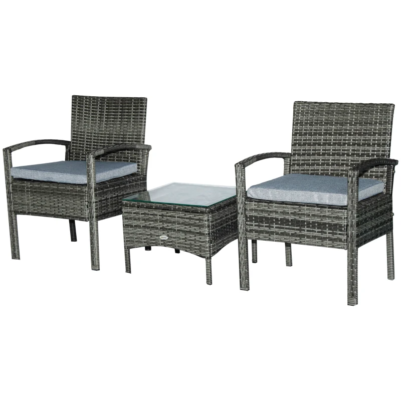 Outsunny 3 Pieces Rattan Set Furniture Garden Cushion Bistro Wicker Patio Outdoor-Mixed Grey