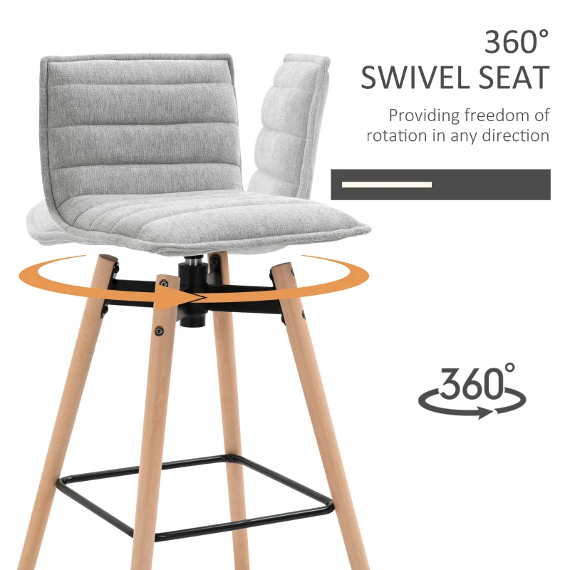 HOMCOM Mid-Century Home Barstool w/ Padded Armless Swivel Chair Wood Frame Grey