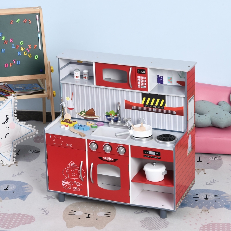HOMCOM Kids Pretend Play MDF Kitchen Set Red