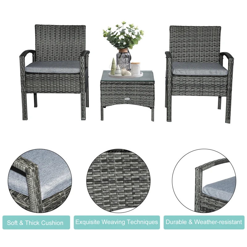Outsunny 3 Pieces Rattan Set Furniture Garden Cushion Bistro Wicker Patio Outdoor-Mixed Grey