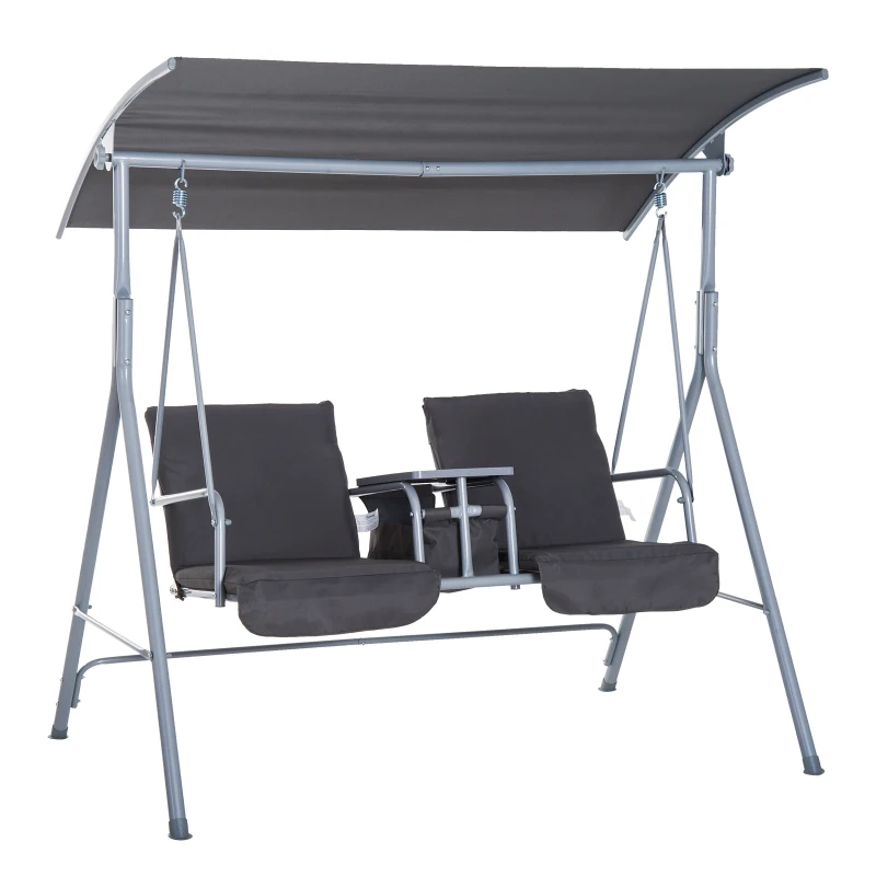 Outsunny Steel Frame 2-Seater  Swing Chair w/ Table Grey