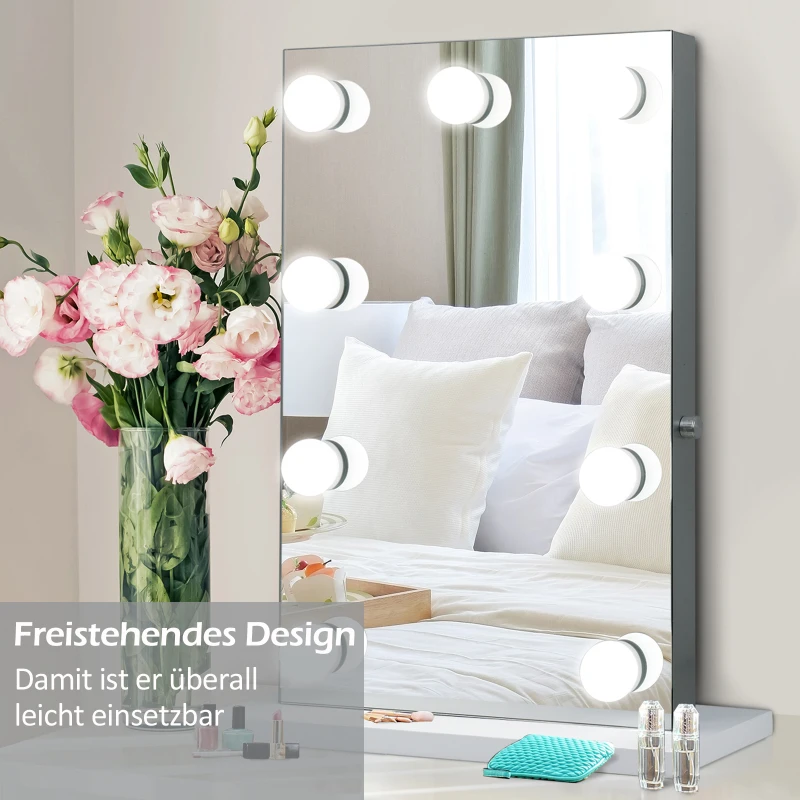 HOMCOM make-up spiegel cosmeticaspiegel met 9 A ++ LED-lampjes, metalen sokkel, aluminium