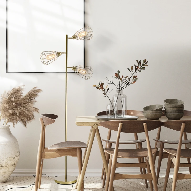 HOMCOM Modern Floor Lamp, 3-Light Standing Lamp, Gold Tone Finish, Steel Frame, Foot Switch, Round Base, E27 Living Room Gold