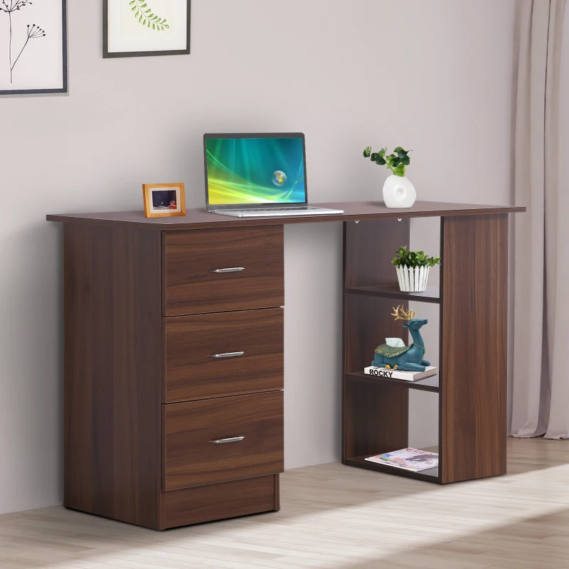 HOMCOM 120cm Computer Desk Writing Table PC Workstation Laptop w/ 3 Shelf & Drawers Walnut