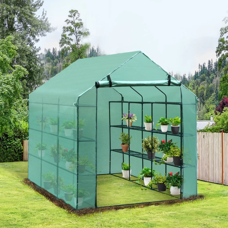 Outsunny Greenhouse W/ Shelves, Polytunnel, 244 x 182 x 213 cm-Green