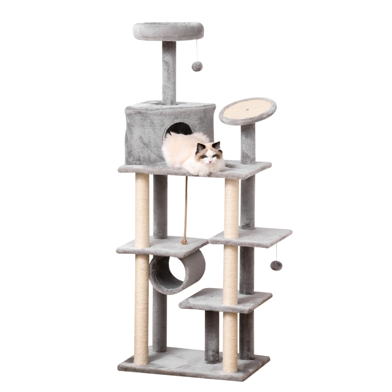 PawHut Cat tree Tower 179cm Climbing Activity Centre Kitten with Jute Scratching Post Pad Condo Perch Hanging Balls Tunnel Teasing Rope Toy Dark Grey