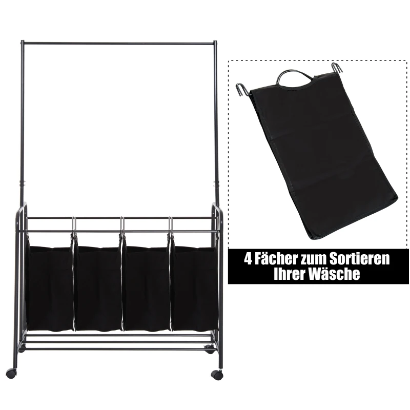 Wasmand wassorteerder waswagen kledingstang 4 sorteervakken op wielen