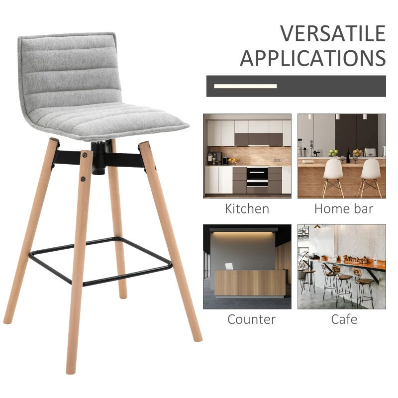 HOMCOM Mid-Century Home Barstool w/ Padded Armless Swivel Chair Wood Frame Grey