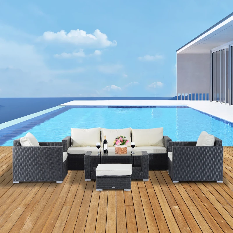 Outsunny 7 pc Rattan Sofa Set W/ Cushions-Black/Beige