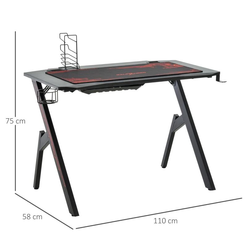 HOMCOM gaming tafel bureau computertafel werktafel meubels voor kantoor woonkamer werkkamer, modern design, MDF, metaal, 110 x 59 x 75 cm, zwart + rood