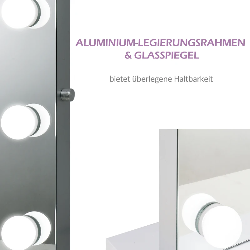 HOMCOM make-up spiegel cosmeticaspiegel met 9 A ++ LED-lampjes, metalen sokkel, aluminium