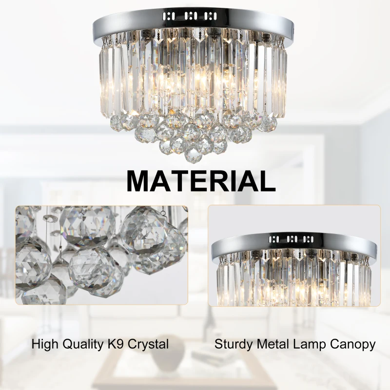 HOMCOM Luxurious Crystal Ceiling Light Chandelier for Living Room Kitchen Hall Silver