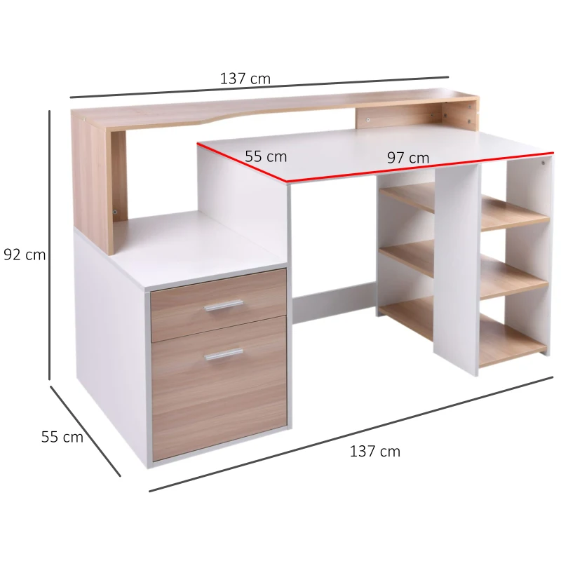 HOMCOM Wooden Computer Desk 140Lx55Dx92H cm-Oak/White