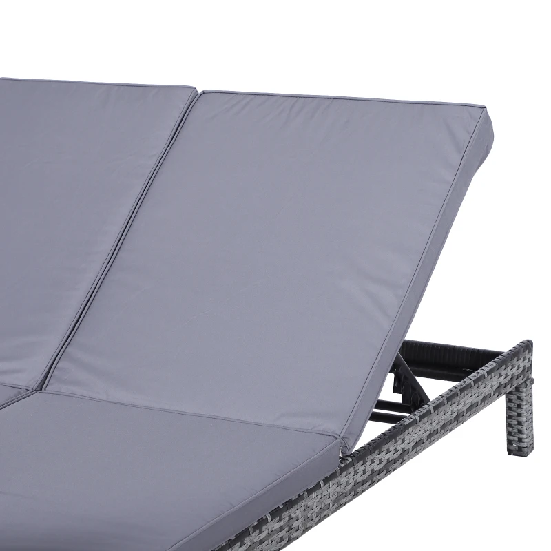 Outsunny 2 Person Rattan Lounger Adjustable Double Chaise Chair Loveseat w/ Cushion Grey