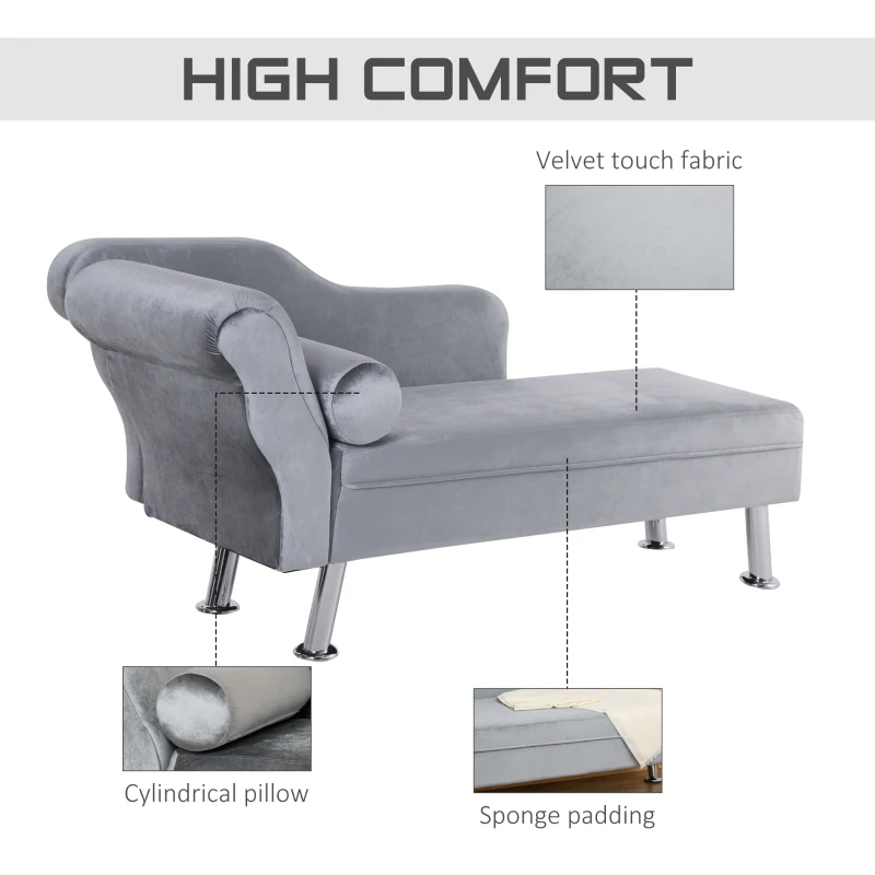 HOMCOM Plush Cloth Upholstered Chaise Longue Sofa w/ Bolster Cushion Grey