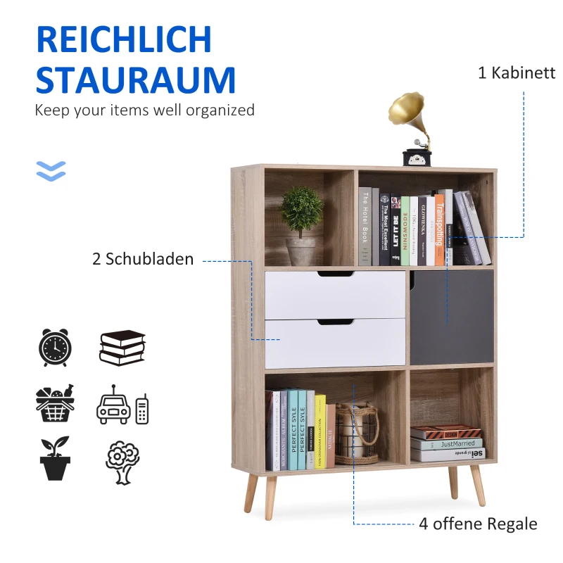 HOMCOM boekenkast dressoir keukenkast met 4 planken 2 schuiflades 1 deurkast
