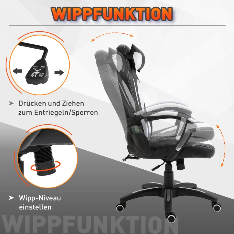 HOMCOM Bureaustoel Massagestoel met 6 Vibratiepunten Ergonomische Gaming Stoel met Verwarmingsfunctie Kunstleer Wit 68 x 69 x 108-117cm