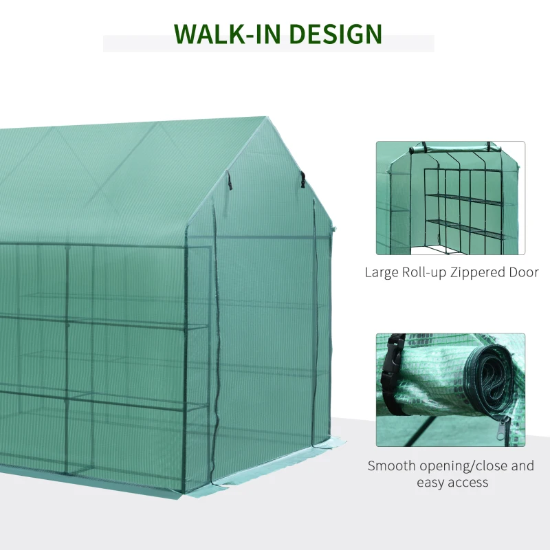 Outsunny Greenhouse W/ Shelves, Polytunnel, 244 x 182 x 213 cm-Green