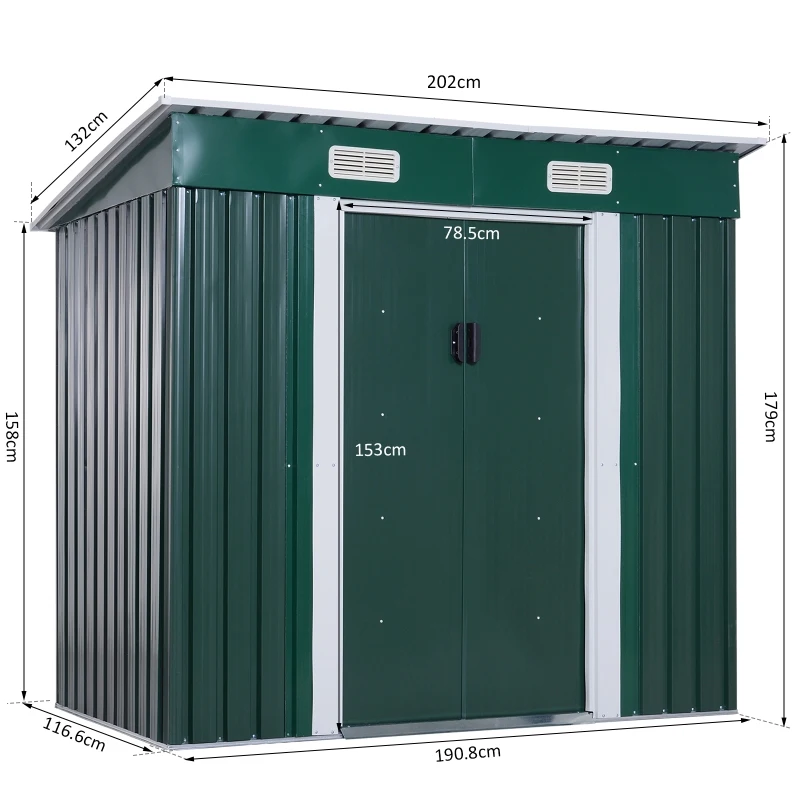 Outsunny Metal Garden Shed W/ Free Foundation, 2x1.2 m-Dark Green