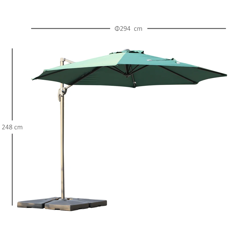 Outsunny Roma Sun Umbrella Cantilever Parasol 360° Rotation w/ Cross Base Green