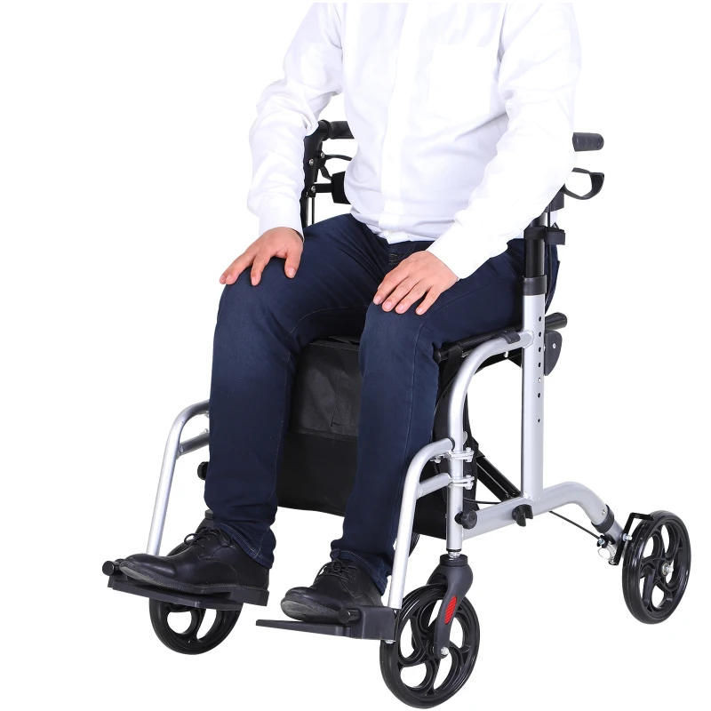 2-in-1 rollator rolstoel aluminium transportstoel loophulp in hoogte verstelbaar, inklapbaar