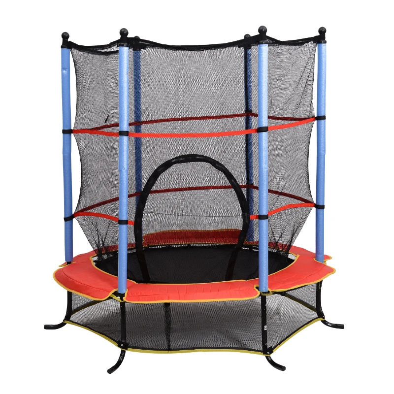 HOMCOM 55" 4.5ft Junior Kids Trampoline With Safety Net Enclosure & Cover Garden Outdoors Round Bouncer Rebounder - Black/Red/Blue