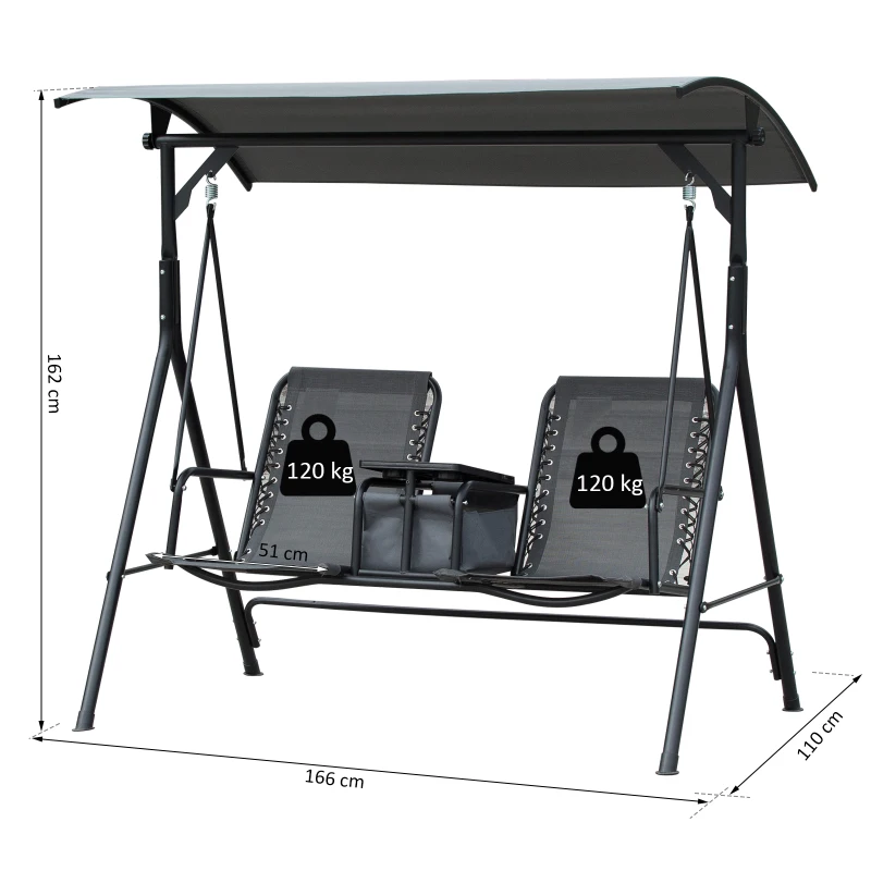 Outsunny 2-Seat Swing Chair Middle Table Steel Frame Adjustable Canopy Sling Seats Grey