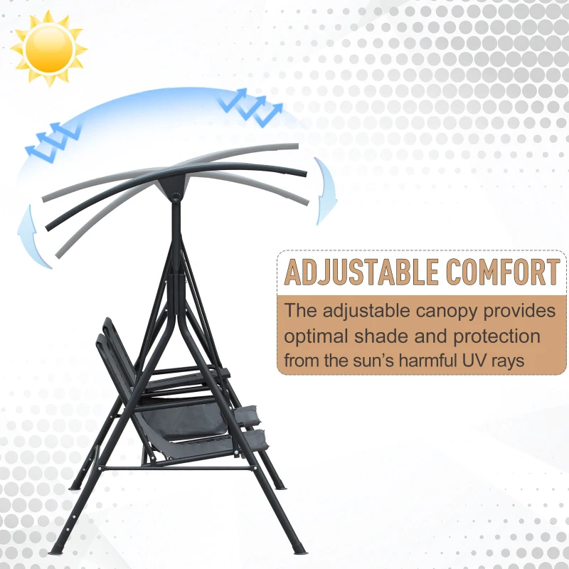 Outsunny 2-Seat Swing Chair Middle Table Steel Frame Adjustable Canopy Sling Seats Grey