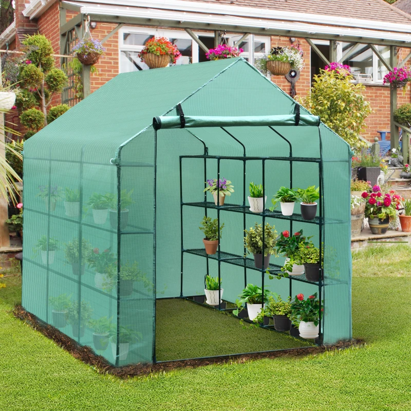 Outsunny Greenhouse W/ Shelves, Polytunnel, 244 x 182 x 213 cm-Green