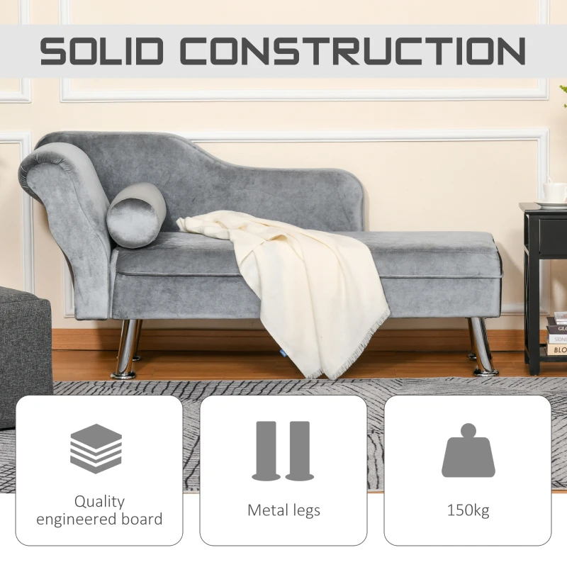 HOMCOM Plush Cloth Upholstered Chaise Longue Sofa w/ Bolster Cushion Grey