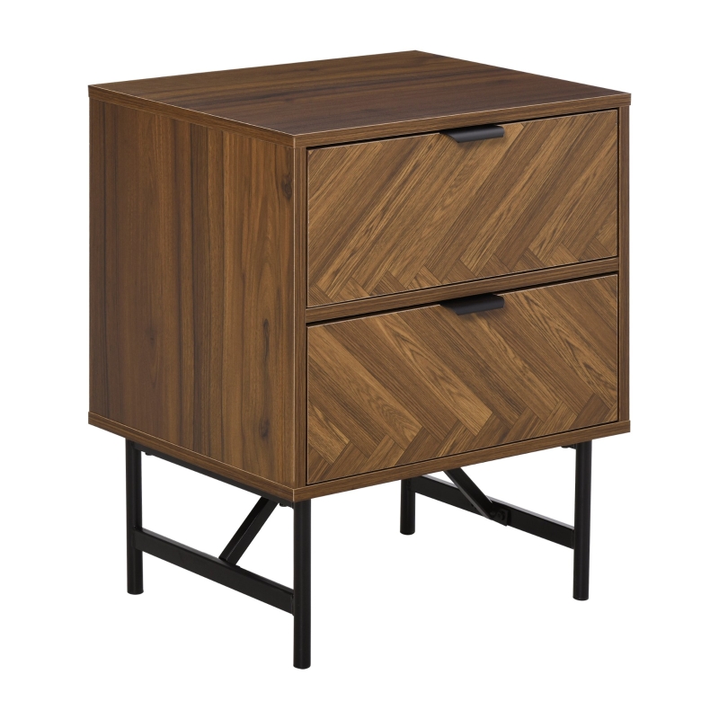 HOMCOM Side Cabinet Home Organizer with 2 Drawer Unit Herringbone Pattern, Walnut Tone