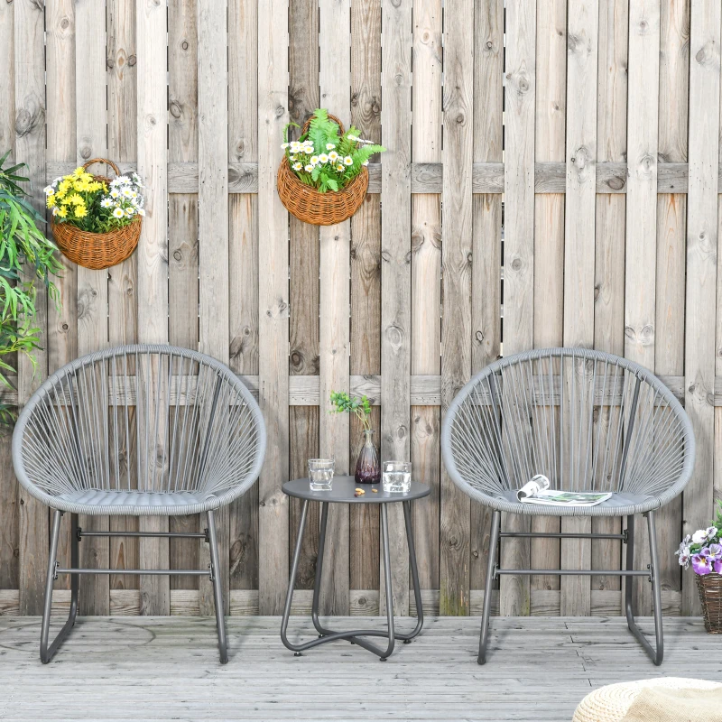 Outsunny 3 Pieces Outdoor Rattan Bistro Set 2 Chairs 1 Coffee Table Garden Deck Grey