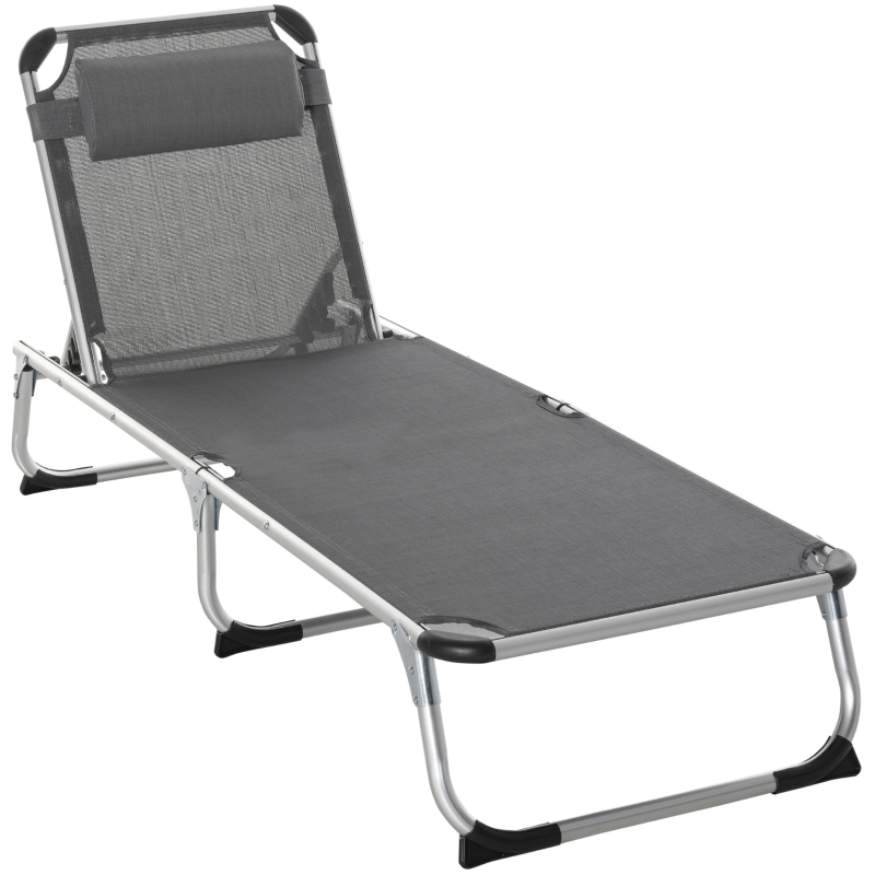Outsunny Folding Outdoor Reclining Sun Lounger Chair w/ Pillow Aluminium Frame Grey