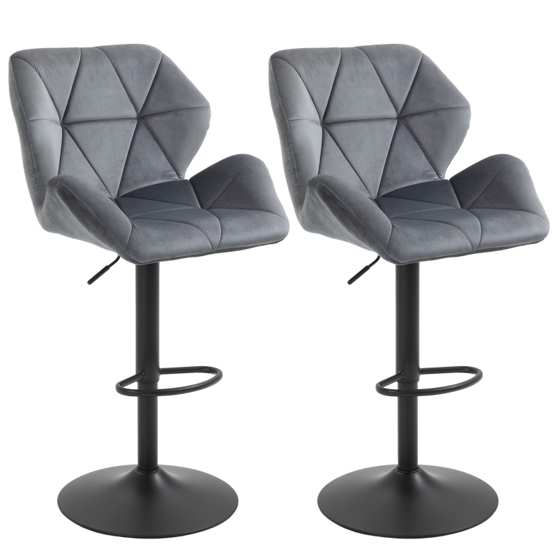HOMCOM Set Of 2 Luxurious Velvet-Touch Bar Stools w/ Metal Frame Footrest Base Grey