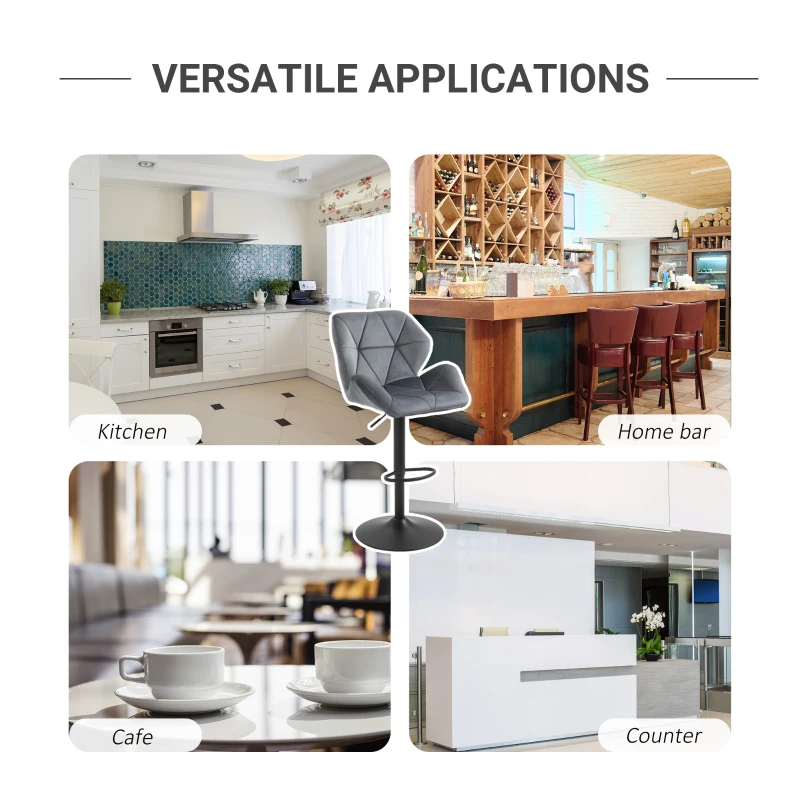 HOMCOM Set Of 2 Luxurious Velvet-Touch Bar Stools w/ Metal Frame Footrest Base Grey